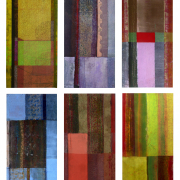 “Tuchfühlung 1“, 2014, Malerei und Collage auf Unterlegstoffen aus einer indischen Textilwerkstatt, Serie, je 60x 30 cm