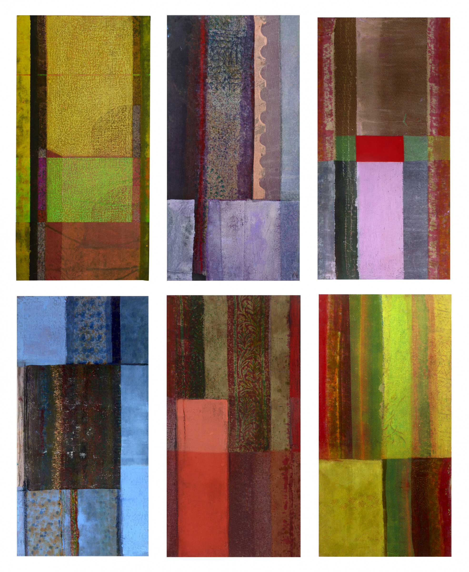 “Tuchfühlung 1“, 2014, Malerei und Collage auf Unterlegstoffen aus einer indischen Textilwerkstatt, Serie, je 60x 30 cm