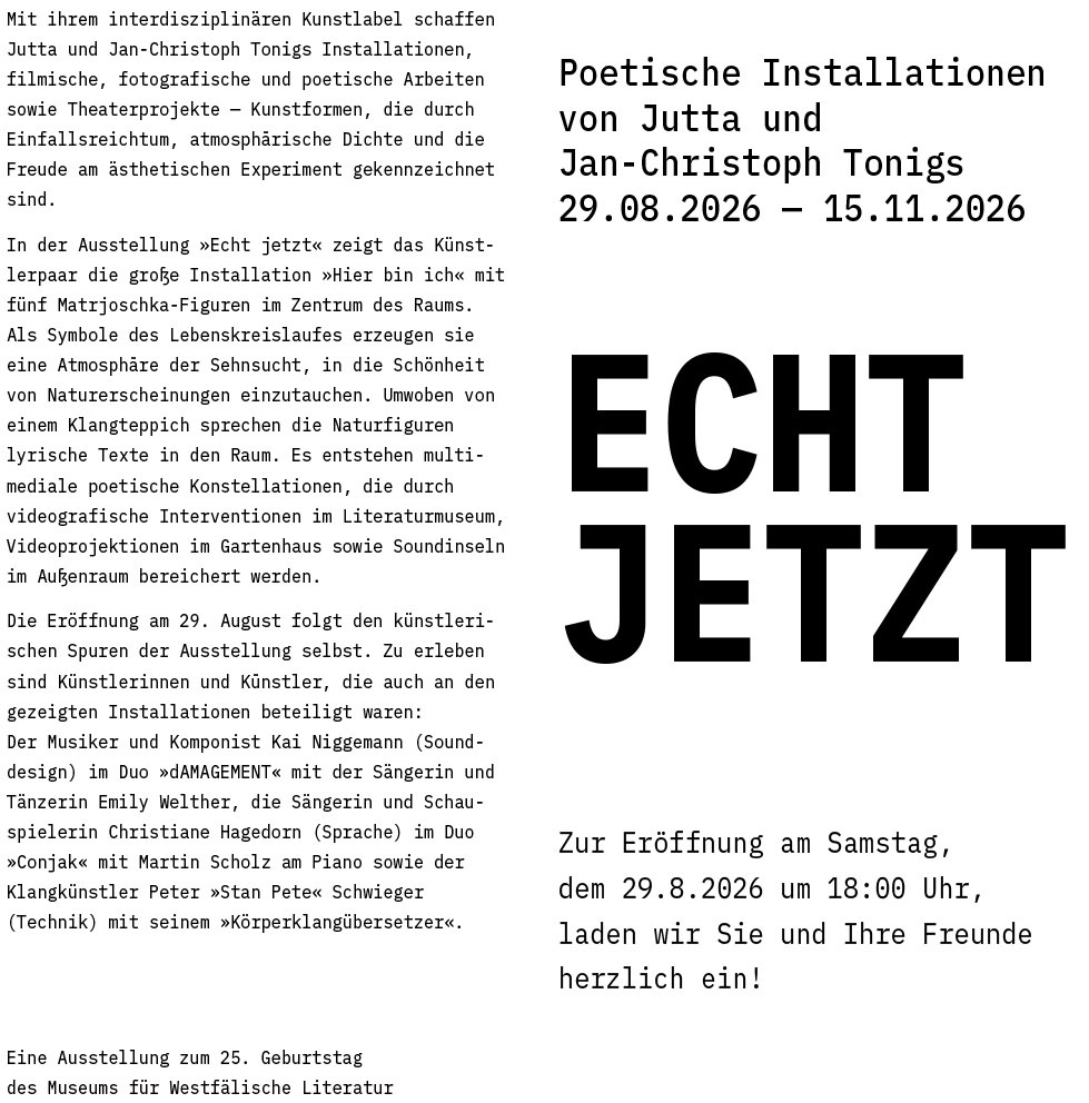 Einladungskarte Jutta Tonigs (KFM) und Jan-Christoph Tonigs – ECHT JETZT – Poetische Installationen Jutta Tonigs (KFM) und Jan-Christoph Tonigs – ECHT JETZT – Poetische Installationen